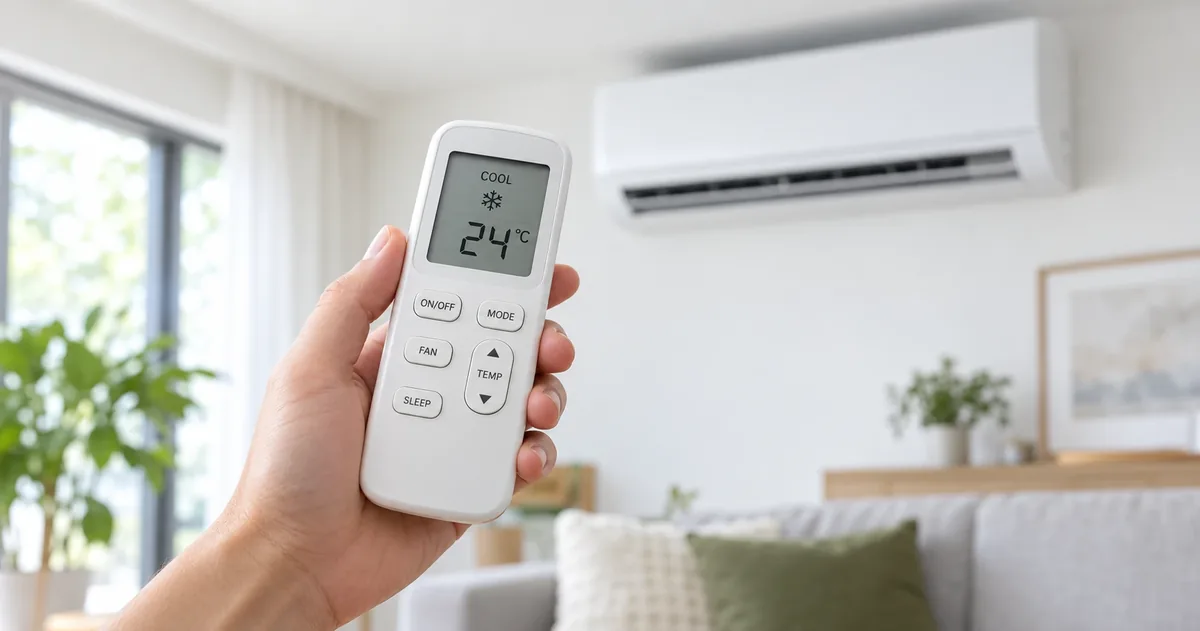 أفضل إعداد للمكيف في الصيف: ريموت مضبوط على وضع Cool و24 درجة أمام مكيف سبليت