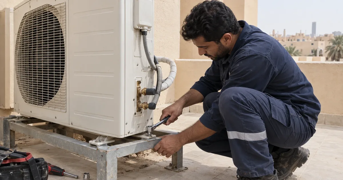 فني يفك الوحدة الخارجية لمكيف سبليت من قاعدتها على السطح قبل النقل
